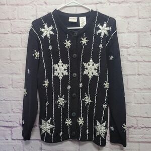 VTG Bobbie Brooks Snowflake Beaded Cardigan Sweater Womens L Winter Holiday Knit